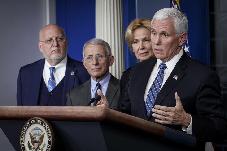 Vice President Mike Pence speaks during a briefing on the administration's coronavirus response in the press briefing room of the White House on March 2, 2020 in Washington, DC. Standing with Pence, from L to R, Robert Redfield, Director of the Centers for Disease Control and Prevention, Dr. Anthony Fauci, director of the National Institute of Allergy and Infectious Diseases, Debbie Birx, White House Corona Virus Response Coordinator. Earlier in the day, President Trump and his Coronavirus Task Force team met with pharmaceutical companies representatives who are actively working to develop a COVID-19 vaccine. (Drew Angerer/Getty Images)