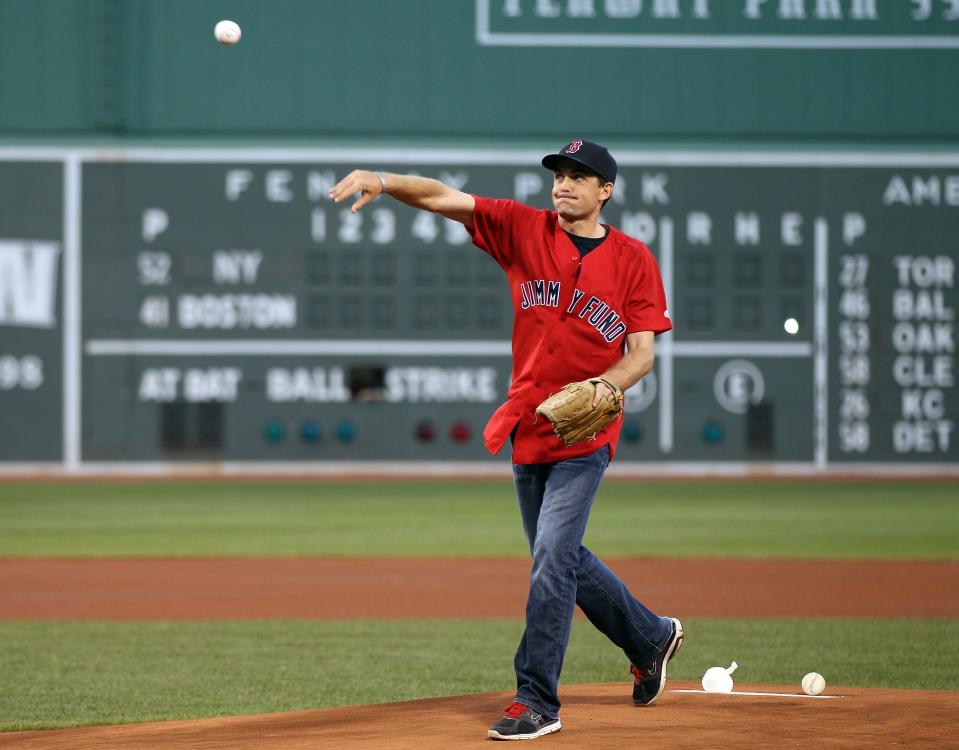 BOSTON, MA - AUGUST 30:  Keegan Bradley throws out the ceremonial first pitch before the game between the Boston Red Sox and the New York Yankees  on August 30, 2011 at Fenway Park in Boston, Massachusetts.  (Photo by Elsa/Getty Images)