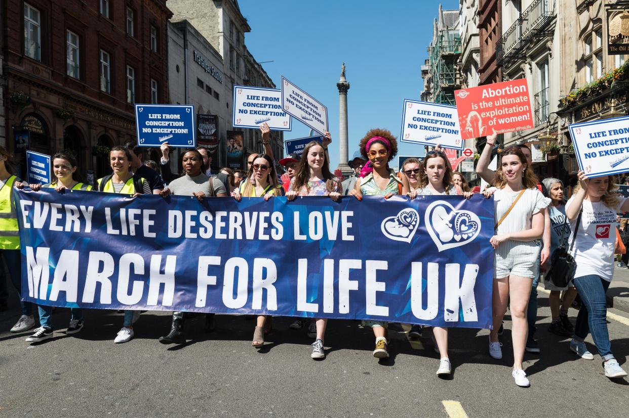 LONDON, UNITED KINGDOM - MAY 05: Thousands of anti-abortion supporters take part in the 5th annual 'March For Life' through central London followed by a rally in Parliament Square. May 05, 2018 in London, United Kingdom. (Photo credit should read Wiktor Szymanowicz / Barcroft Media via Getty Images)