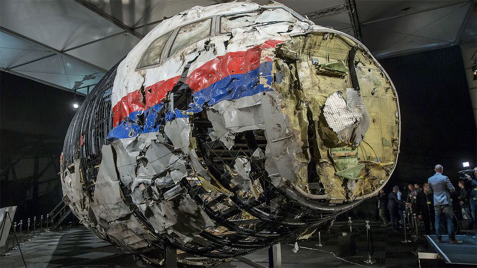 This is part of the reconstructed wreckage of the MH17 airplane which was displayed after the final report into the crash. Photo: REUTERS/Michael Kooren