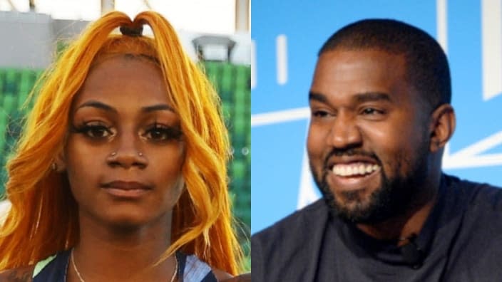 In a new commercial for Beats by Dre, track star Sha’Carri Richardson (left) warms up to run with Beats Studio Buds earphones while “No Child Left Behind,” a brand-new Kanye West (right) track, plays. (Photos by Patrick Smith/Getty Images and Brad Barket/Getty Images for Fast Company)