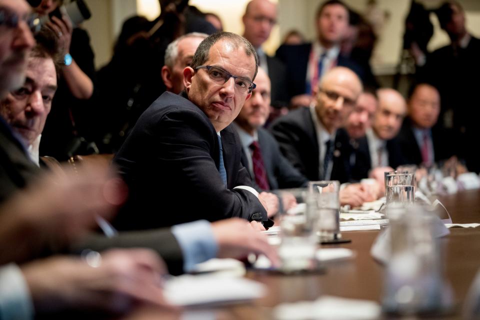 Moderna CEO Stephane Bancel attends a meeting with President Donald Trump, members of the Coronavirus Task Force, and pharmaceutical executives in the Cabinet Room of the White House, Monday, March 2, 2020, in Washington.