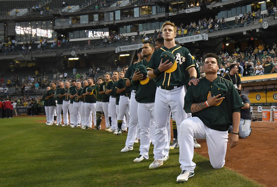 Bruce Maxwell, who knelt for the national anthem in 2017 with the Oakland A's, spent the past season in Mexico. (Photo by Thearon W. Henderson/Getty Images)