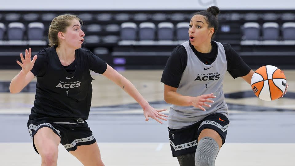 Bria Hartley, right, of the Las Vegas Aces looks to pass against Kate Martin during a practice session on April 28, 2024, in Henderson, Nevada. - Ethan Miller/Getty Images