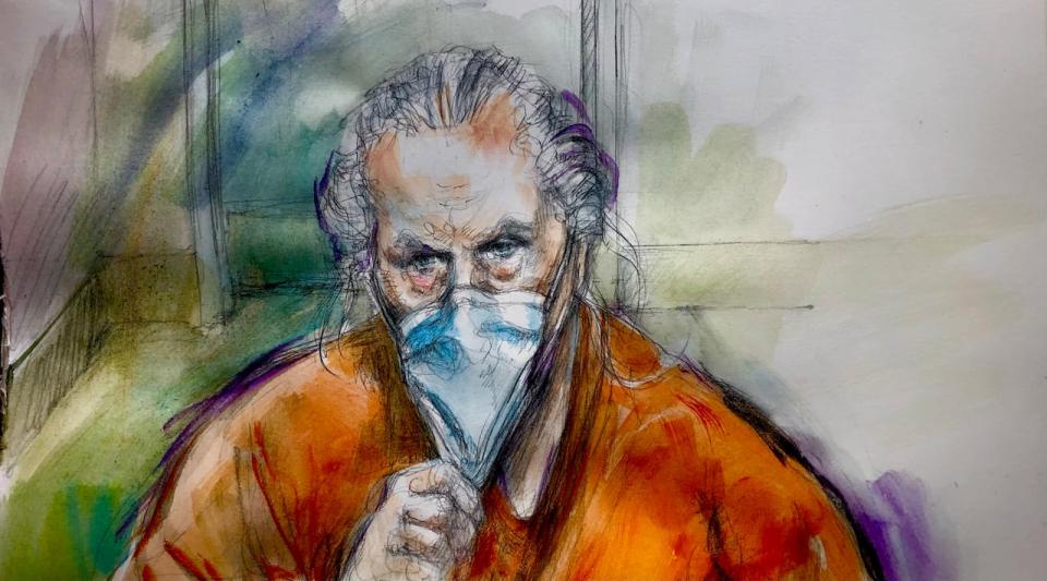 A court sketch shows Peter Nygard during his appearance via video link at a Jan. 6, 2022, bail hearing in Toronto. He faces charges of sexual assault and forcible confinement.