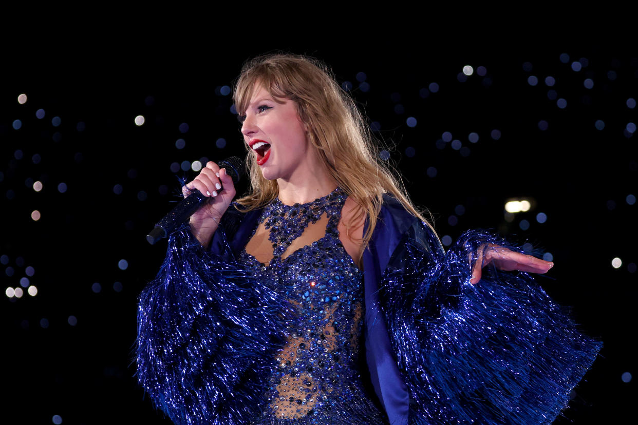 MELBOURNE, AUSTRALIA - FEBRUARY 16: EDITORIAL USE ONLY. NO BOOK COVERS Taylor Swift performs at Melbourne Cricket Ground on February 16, 2024 in Melbourne, Australia. (Photo by Graham Denholm/TAS24/Getty Images for TAS Rights Management)