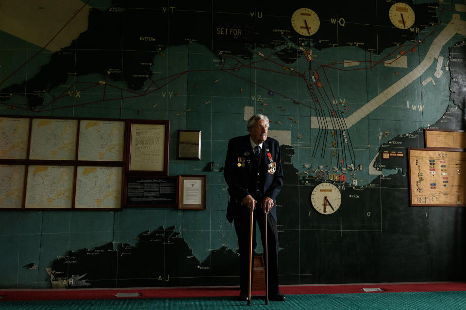 PORTSMOUTH, ENGLAND - MAY 09: D-Day veteran Ted Emmings is seen in the Map Room of Southwick House on May 09, 2019 in Portsmouth, England. In the days leading up to D-Day and the invasion of mainland Europe by the Allied forces,  Southwick House became the temporary headquarters, with US General Dwight D. Eisenhower, the Supreme Allied Commander, and General Sir Bernard Montgomery, commander of the Allied ground forces, meeting here to discuss exactly which date to mount the operation. The decision to delay the landings by 24 hours was made here following warnings of severe weather potentially leading to failure. This year marks the 75th anniversary of the D-Day landings, which took place on June 6, 1944,  and are thought to be a key moment in World War II, leading to the eventual victory for Allied forces.  (Photo by Leon Neal/Getty Images)