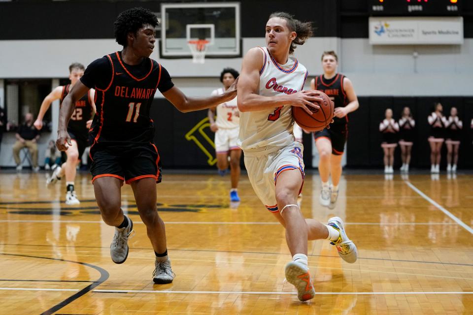 Orange’s Elias Lewis dribbles past Delaware’s Hezekiah Russell.