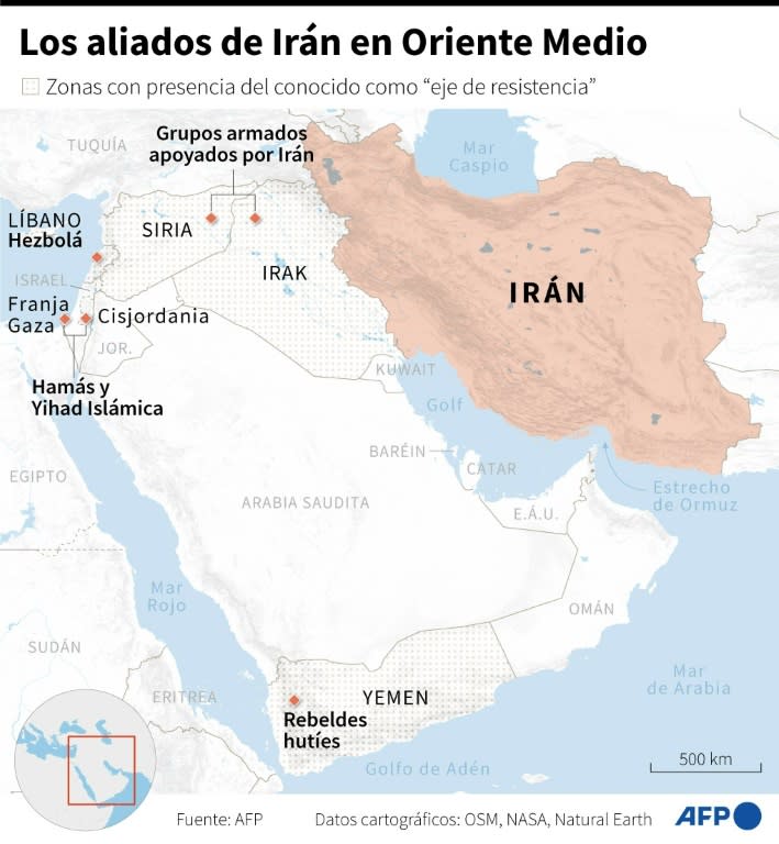 Mapa de Oriente Medio localizando los países y territorios con presencia de los aliados del "eje de resistencia" de Irán (Hervé Bouilly, Jean-Michel Cornu, Olivia Bugault)