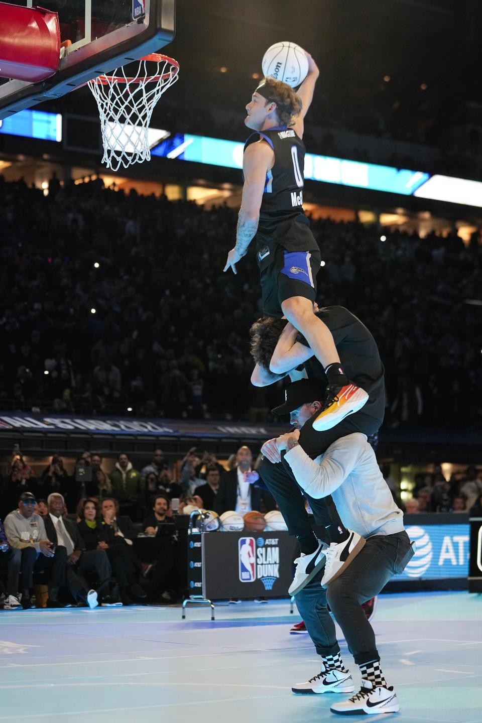 Osceola Magic's Mac McClung dunks during the slam dunk competition at the NBA basketball All-Star weekend, Saturday, Feb. 17, 2024, in Indianapolis. (AP Photo/Darron Cummings)