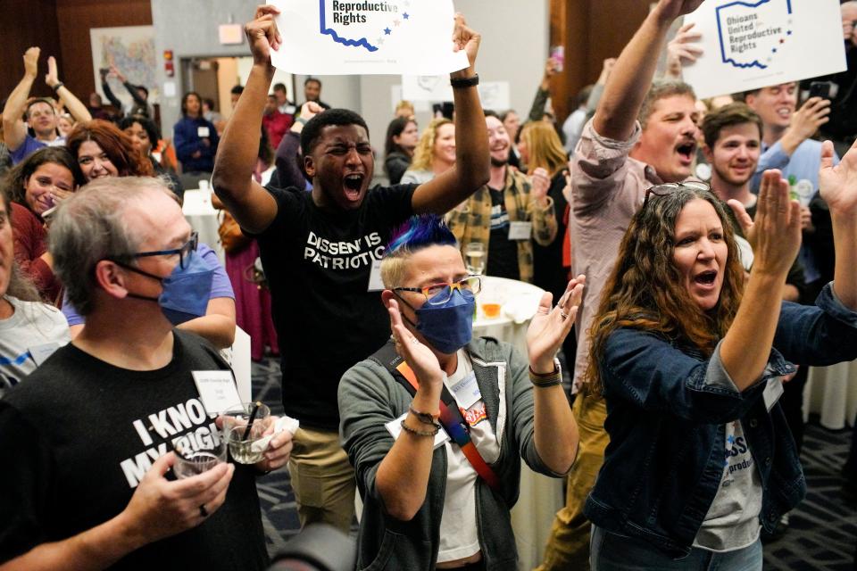 Supporters of Ohio Issue 1 cheer as results come in at a watch party hosted by Ohioans United for Reproductive Rights on November 7, 2023 in Columbus, Ohio. 2023 Ohio Issue 1, officially titled "The Right to Reproductive Freedom with Protections for Health and Safety," would codify reproductive rights in the Ohio Constitution, including contraception, fertility treatment and the right to abortion up to the point of fetal viability while permitting restrictions after.