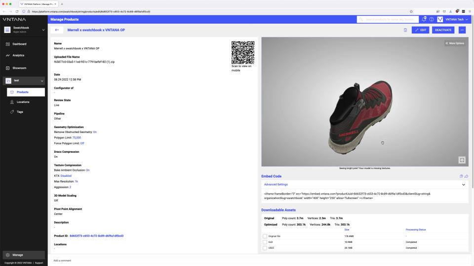 User Interface from VNTANA, which allows the user to create 3D images of e-commerce items on their website and on Google searches. <strong>VNTANA courtesy photo</strong>