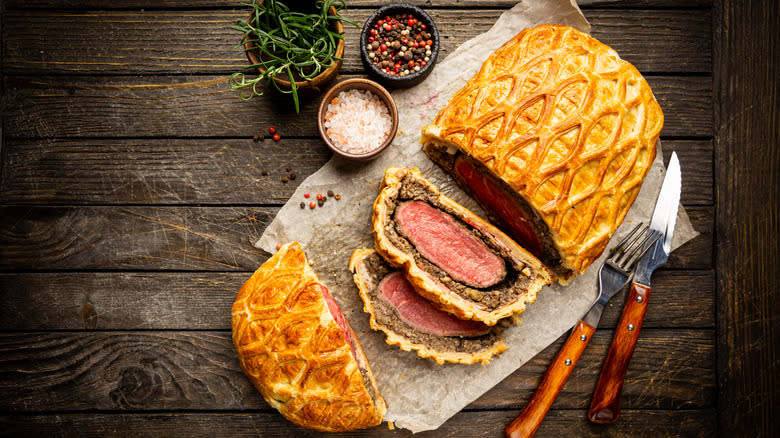 Beef Wellington sliced into one inch pieces