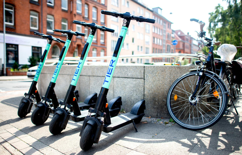 E-scooters from the electric pedal scooter sharing provider Tier Mobility parked in Südstadt, Lower Saxony, Hanover, Germany. Photo: Hauke-Christian Dittrich/DPA/Picture Alliance via Getty