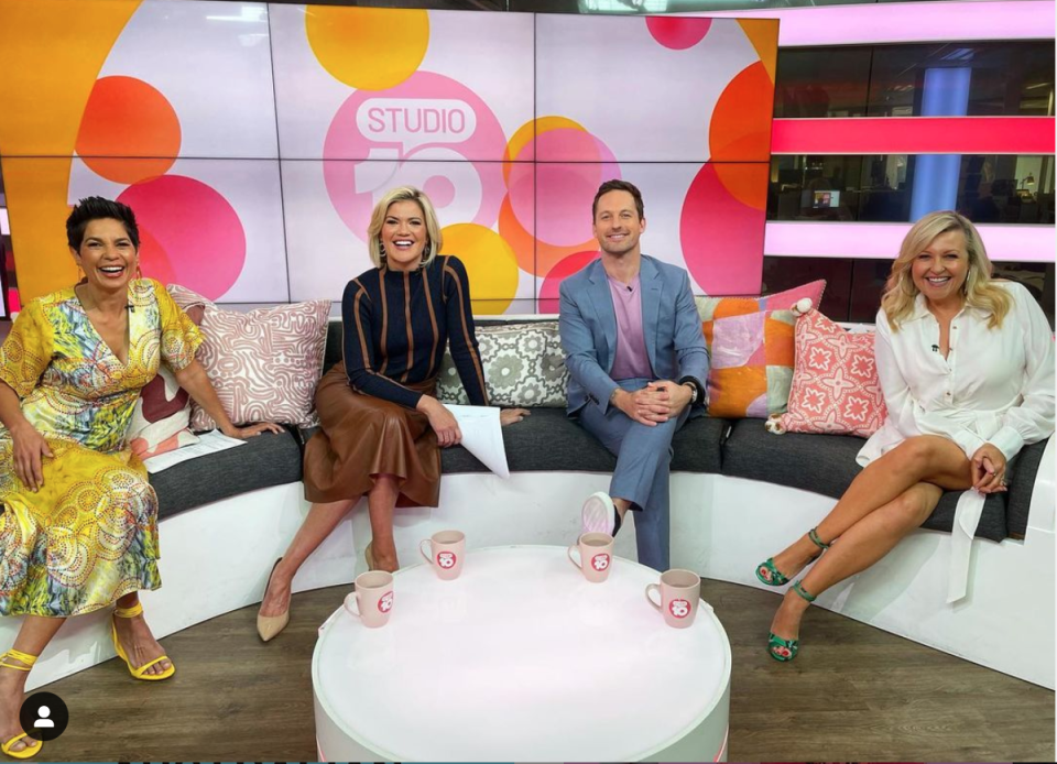 \Sarah Harris and Tristan MacManus with newsreader Narelda Jacobs and Angela Bishop.  