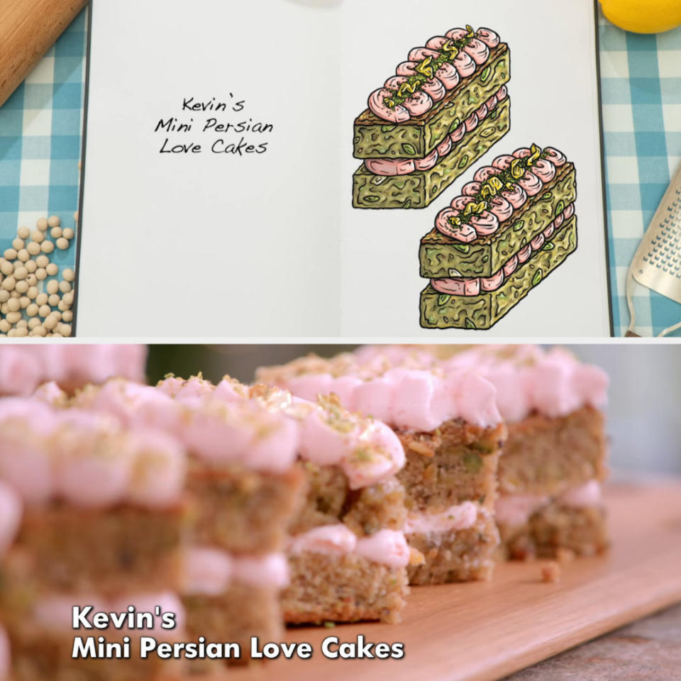 Drawing of Kevin's mini cakes side by side with the actual bake