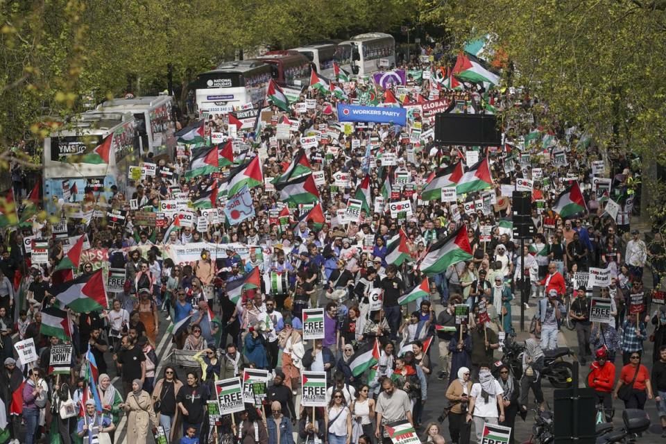 People take part in a pro-Palestine march in central London organised by the Palestine Solidarity Campaign (Jeff Moore/PA) (PA Wire)