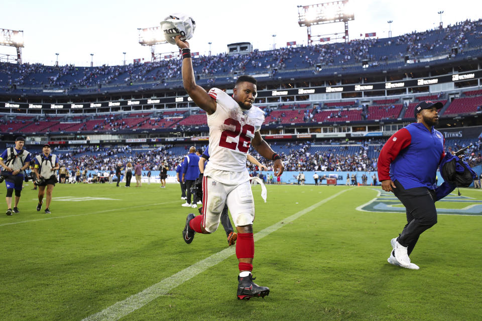 Saquon Barkley had a promising season debut as the Giants beat the Titans on the road. (Photo by Kevin Sabitus/Getty Images)