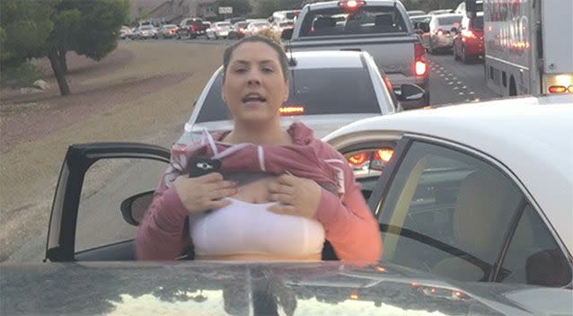 Gina DeMarco yelled out profanities before pulling up her bra and exposing her breasts to a family whose car she allegedly swiped. Picture: KTNV Las Vegas