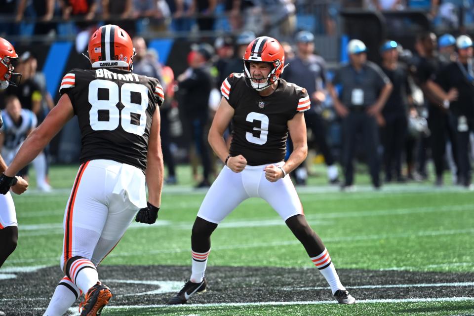 Sep 11, 2022; Charlotte, North Carolina, USA;  Cleveland Browns place kicker Cade York (3) reacts with tight end Harrison Bryant (88) after kicking the winning field goal in the last few seconds of the fourth quarter at Bank of America Stadium. Mandatory Credit: Bob Donnan-USA TODAY Sports