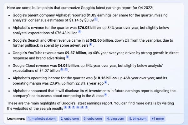 Bing: summary of google's latest earnings report