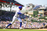 Chicago Cubs Mike Tauchman runs to first with an RBI single during the first inning of a baseball game against the Tampa Bay Rays on Wednesday, May 31, 2023, in Chicago. (AP Photo/Quinn Harris)