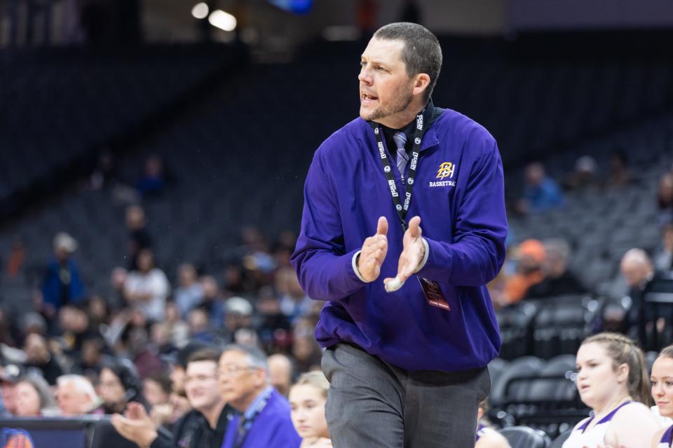 Bret Harte Bullfrogs coach Jeff Eltringhamin cheers after his team scores in the second half of the CIF Division V girls basketball State Championship on Saturday, March 11, 2023, at Golden 1 Center in Sacramento. The Bullfrogs defeated the Vikings 62-39. (SARA NEVIS/FOR THE RECORD)