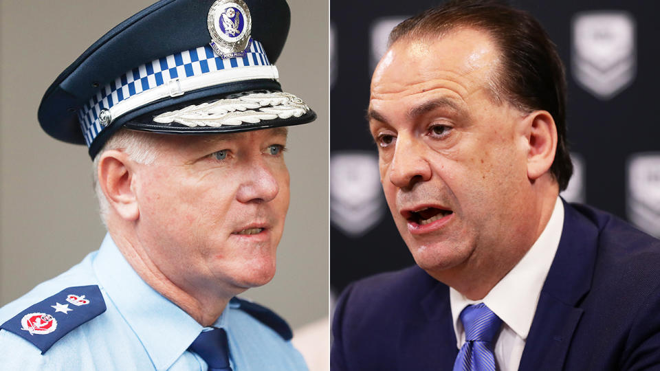 NSW police commissioner Mick Fuller is pictured next to ARLC chair Peter V'landys in a 50/50 split image.