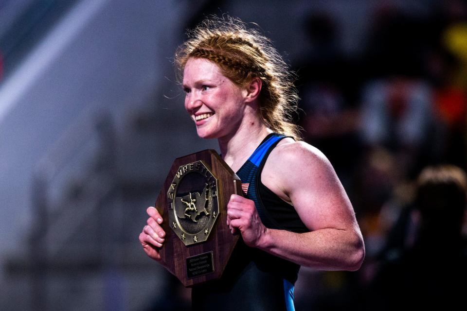 Jennifer Page celebrates after winning the 62kg final during the USA Wrestling Senior National Championships, Saturday, Oct. 10, 2020, at the Xtream Arena in Coralville.