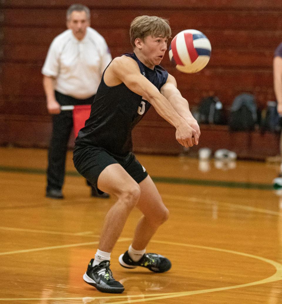 Hononegah's Max Moroz bumps the ball during the regional finals on Thursday, May 26, 2022, at Boylan High School in Rockford.