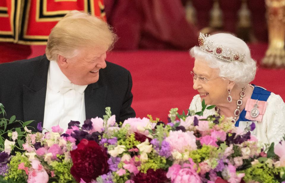 Queen Elizabeth II laughs with President Donald Trump during a State Banquet iat Buckingham Palace on June 3, 2019, the first day of a three-day Trump State Visit to the UK.