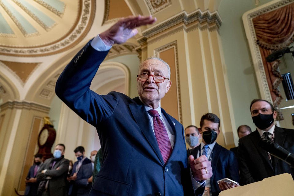 Senate Majority Leader Chuck Schumer of N.Y., speaks to reporters following a Democratic strategy meeting at the Capitol in Washington, Tuesday, Oct. 26, 2021. (AP Photo/Andrew Harnik)