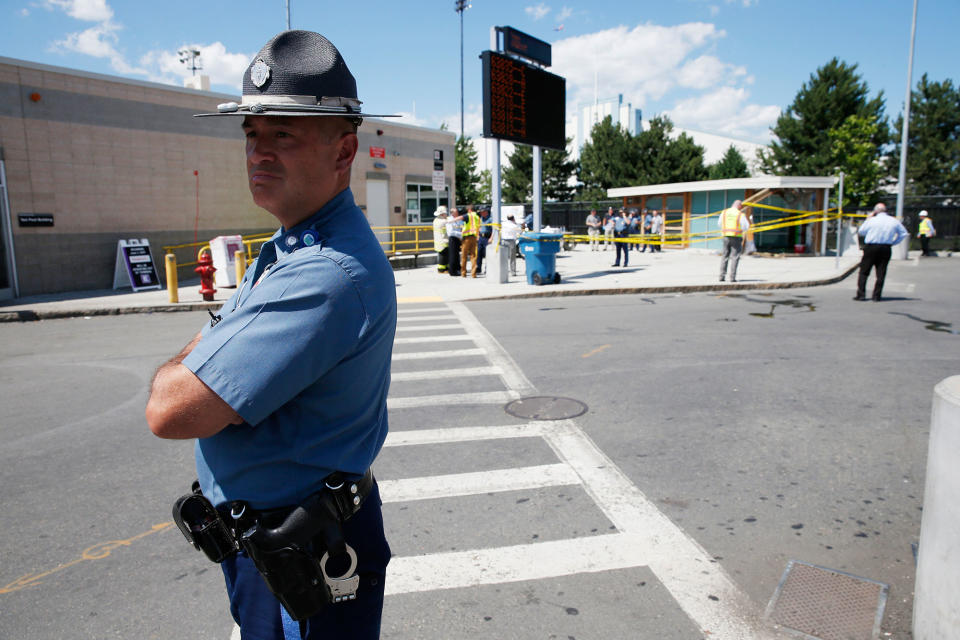 <p>Emergency personnel work at the scene where a taxi driver struck a group of pedestrians, injuring several, Monday, July 3, 2017, in Boston. A police official said the crash is believed to be a case of “operator error” in which the driver stepped on the gas pedal instead of the brake. (AP Photo/Michael Dwyer) </p>