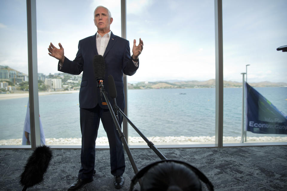 U.S. Vice President Mike Pence speaks during an informal press conference at APEC Haus in Port Moresby, Papua New Guinea, Sunday, Nov. 18, 2018. (AP Photo/Mark Schiefelbein)