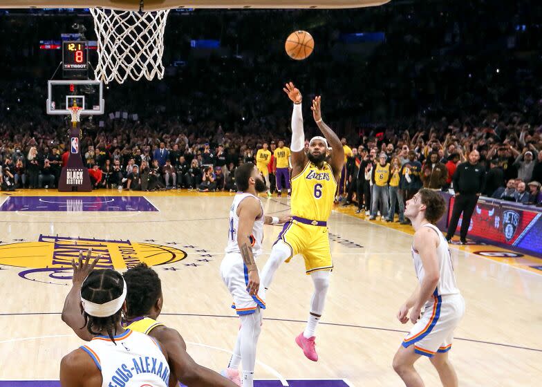 Los Angeles, CA, Tuesday, February7, 2023 - LeBron James launches a fade-away jumper to score his 38,388th career point to attain the NBA scoring title during a game against the Oklahoma City Thunder at Crypto.com Arena. (Robert Gauthier/Los Angeles Times)