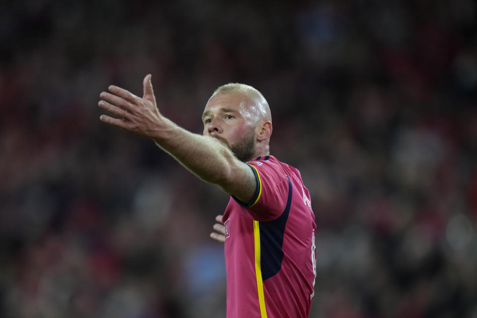 St. Louis City's Joao Klauss reacts to a call during the second half of an MLS soccer match against Minnesota United Saturday, April 1, 2023, in St. Louis. (AP Photo/Jeff Roberson)