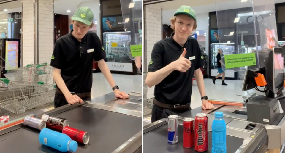 Woolworths staffer Liam placing the bottles down on the conveyor belt and standing up right with a thumb's up. 