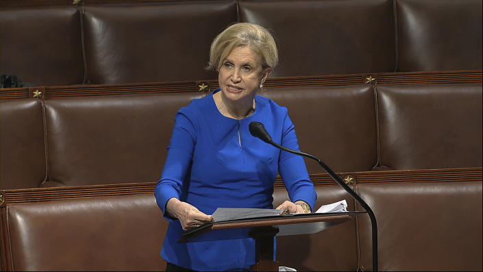 In this image from video, Rep. Carolyn Maloney, D-N.Y., speaks on the floor of the House of Representatives at the U.S. Capitol in Washington, Thursday, April 23, 2020. (House Television via AP)
