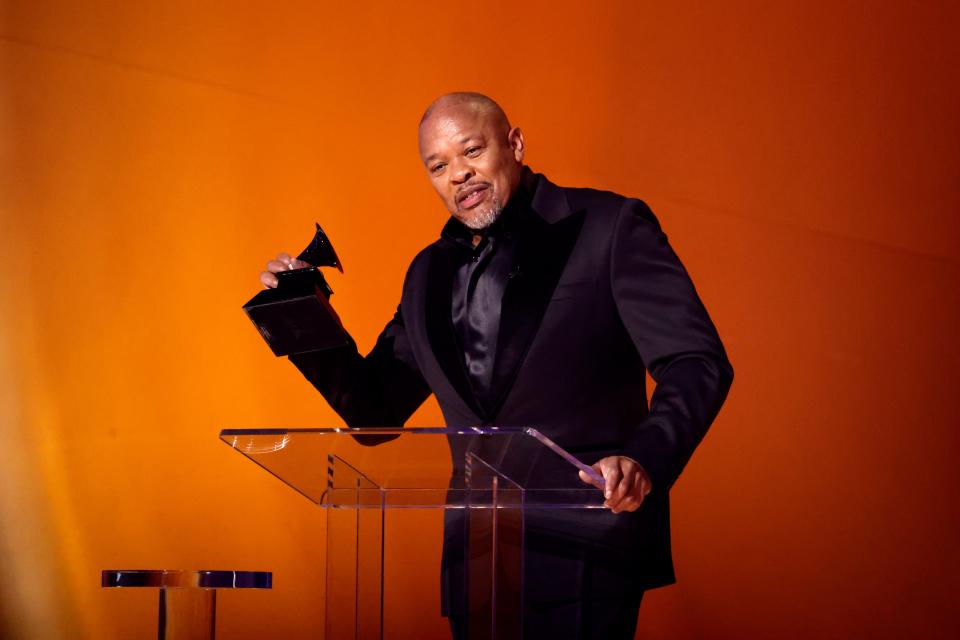 Dr. Dre accepts the Dr. Dre Global Impact Award onstage during the 65th GRAMMY Awards (Getty Images)