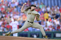 San Diego Padres starting pitcher Mike Clevinger throws during the second inning of a baseball game against the Philadelphia Phillies, Tuesday, May 17, 2022, in Philadelphia. (AP Photo/Derik Hamilton)