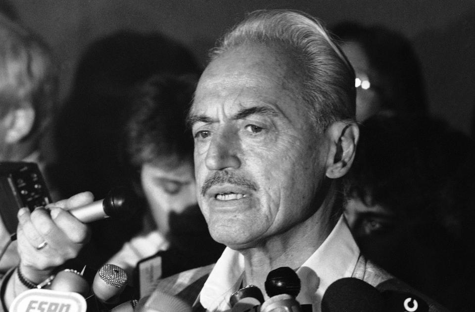 FILE - This July 16, 1981 file photo shows baseball union leader Marvin Miller speaking to reporters after rejecting a proposal to end a baseball strike, in New York. Miller, the union leader who revolutionized baseball by empowering players to negotiate multimillion-dollar contracts and to play for teams of their own choosing, was elected to baseball's Hall of Fame on Sunday, Dec. 8, 2019. (AP Photo/Howard, File)