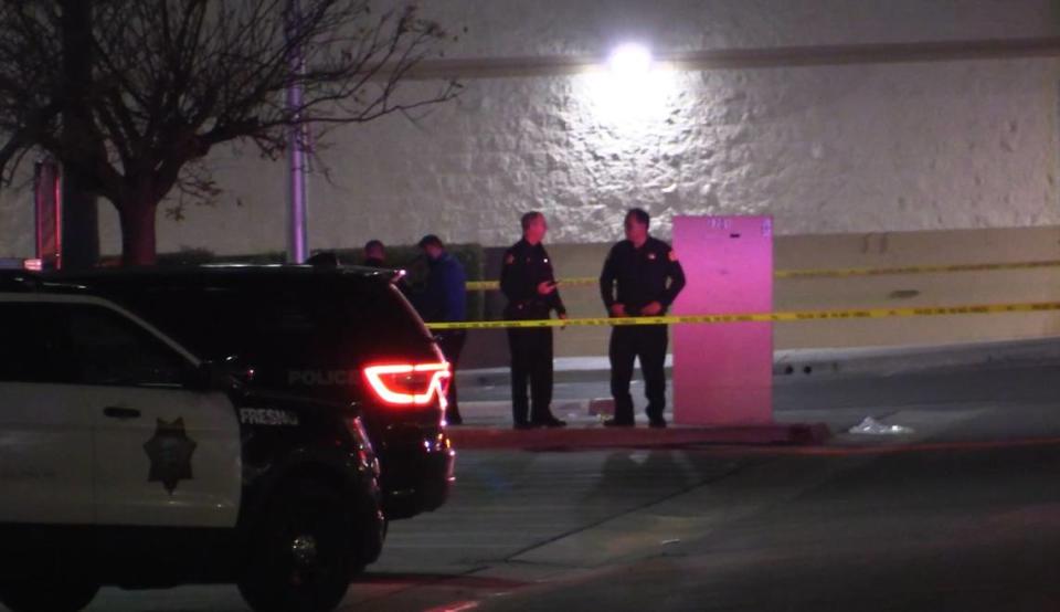 Fresno Police investigate an officer-involved shooting near the department’s substation on Saturday, March 18, 2023. The man later died at the hospital.