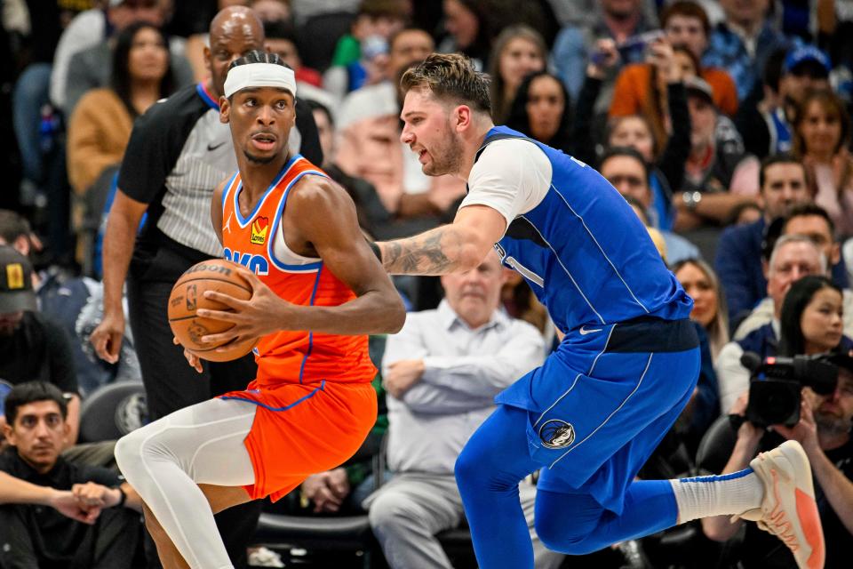 Thunder guard Shai Gilgeous-Alexander (2) works against Mavericks guard Luka Doncic (77) on Dec. 2 at American Airlines Center in Dallas. OKC won the season series, 3-1.