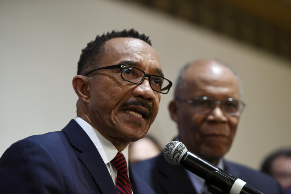 FILE - In this Feb. 4, 2020 file photo, Kweisi Mfume, Democratic nominee for Maryland's 7th Congressional District, speaks at a victory party in Baltimore. Kimberly Klacik, and Mfume won special primaries for the Maryland congressional seat that was held by the late Elijah Cummings.(AP Photo/Gail Burton, File)