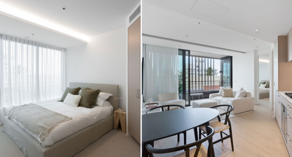 Left image of bedroom with diagonal wall. Right image of view from front door looking towards the bedroom straight ahead, with the kitchen against the wall on the right and the lounge/dining room and balcony on the left.