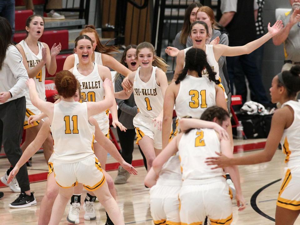 Tri-Valley players celebrate their 49-41 victory against Newark in a Division I district semifinal at Johnstown on Wednesday, Feb. 22, 2023.
