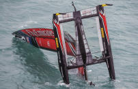 <p>In this photo provided by America’s Cup Event Authority, Emirates Team New Zealand capsizes during an America’s Cup challenger semifinal against Great Britain’s Land Rover BAR on the Great Sound in Bermuda on Tuesday, June 6, 2017. (Gilles Martin-Raget/ACEA via AP) </p>