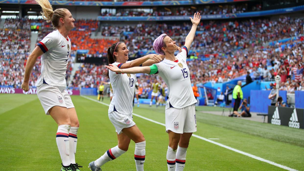  Members of the USNWT celebrating a goal in the 2019 Women's World Cup final 