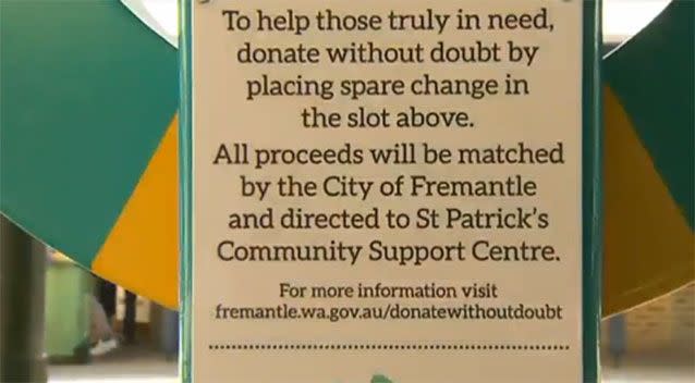 A notice on one of the donation boxes placed in Fremantle. Photo: 7 News