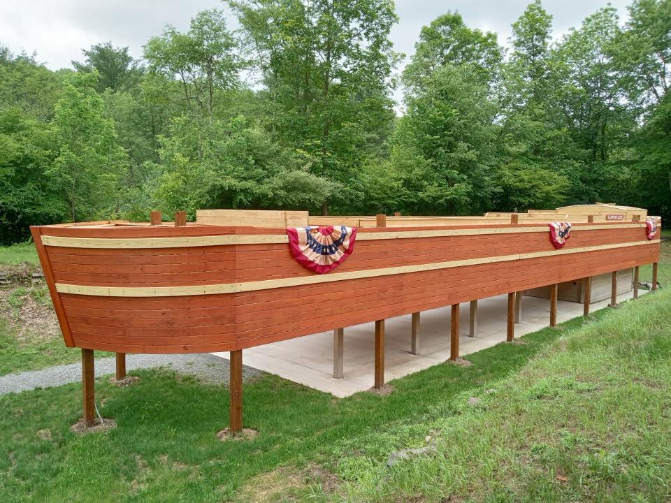 Visitors to the 10th annual Canal Festival at the D&H Canal Park at Lock 31 near Hawley on August 19, can inspect the recently completed, full-scale, 90-foot canal boat replica which sits in the canal basin over the pavilion. Food will be sold at the pavilion for the festival. The Wayne County Historical Society first opened the park in 2013, which includes 17 acres and walking trails on the old towpath and lopping down alongside the Lackawaxen River.